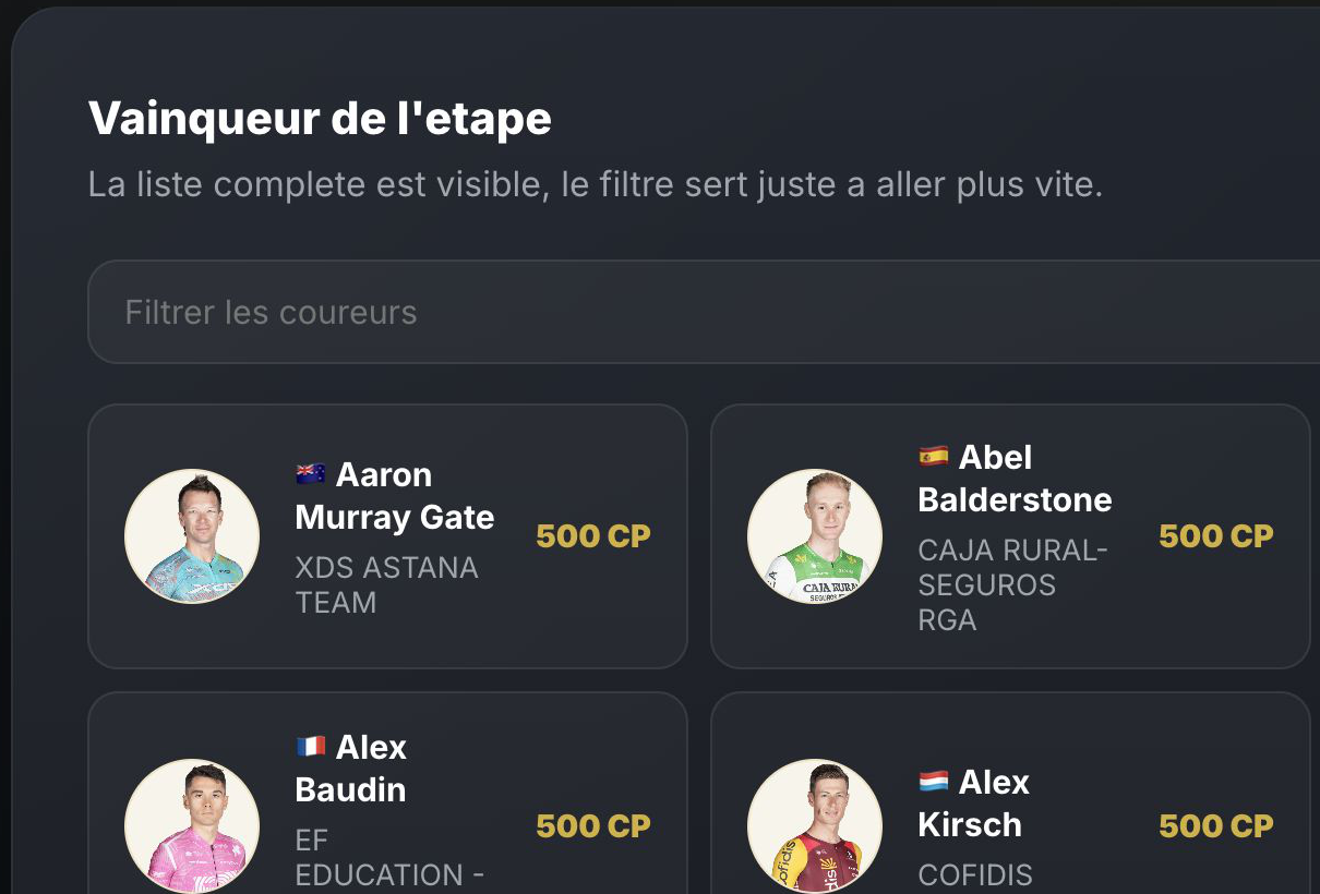 Capture de la zone pronostic Climax Prono Cyclisme